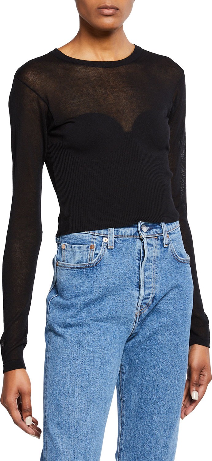Bardot Crewneck Long-Sleeve Cropped Knit Illusion Tee