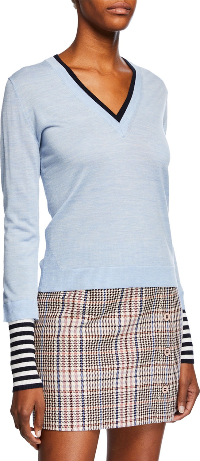 Veronica Beard Avory Wool Sweater with Contrasting Sleeves and Neck