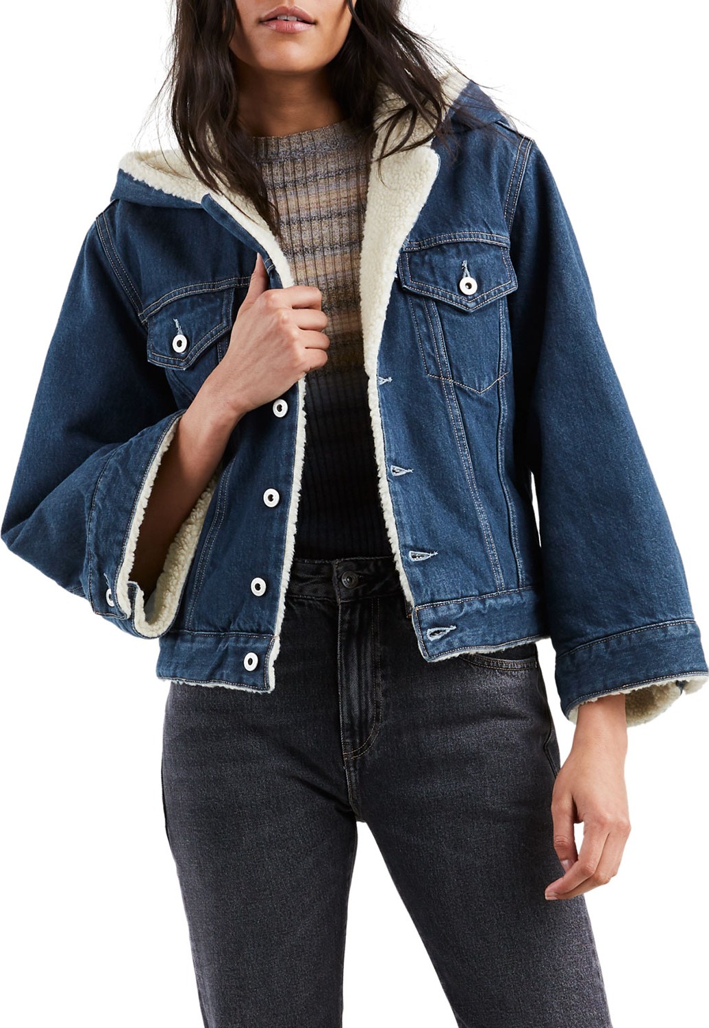 LEVI’S Cropped Sherpa Hooded Denim Trucker Jacket
