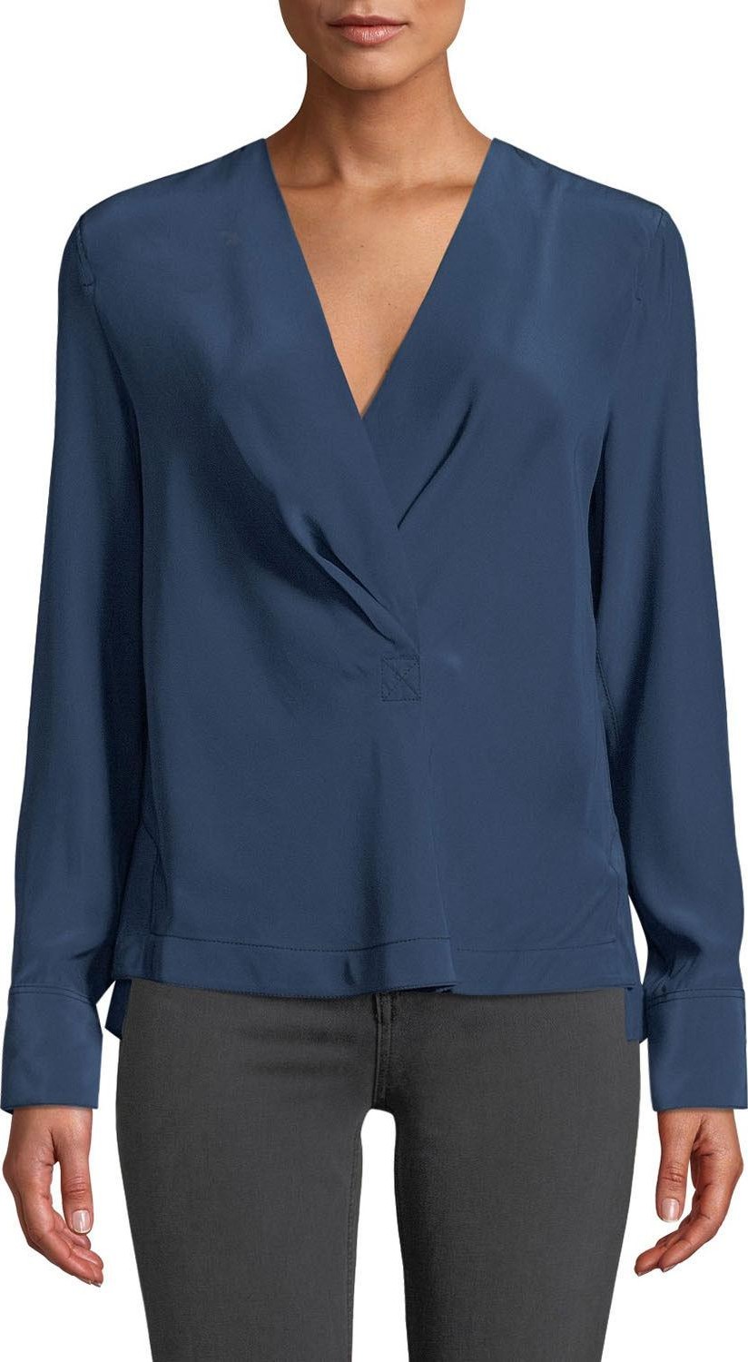Rag & Bone Shields Silk Drape-Front Long-Sleeve Blouse