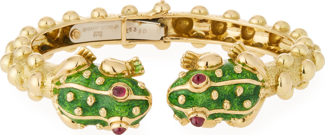 David Webb 18k Gold Baby Frog Cuff Bracelet in Green Enamel