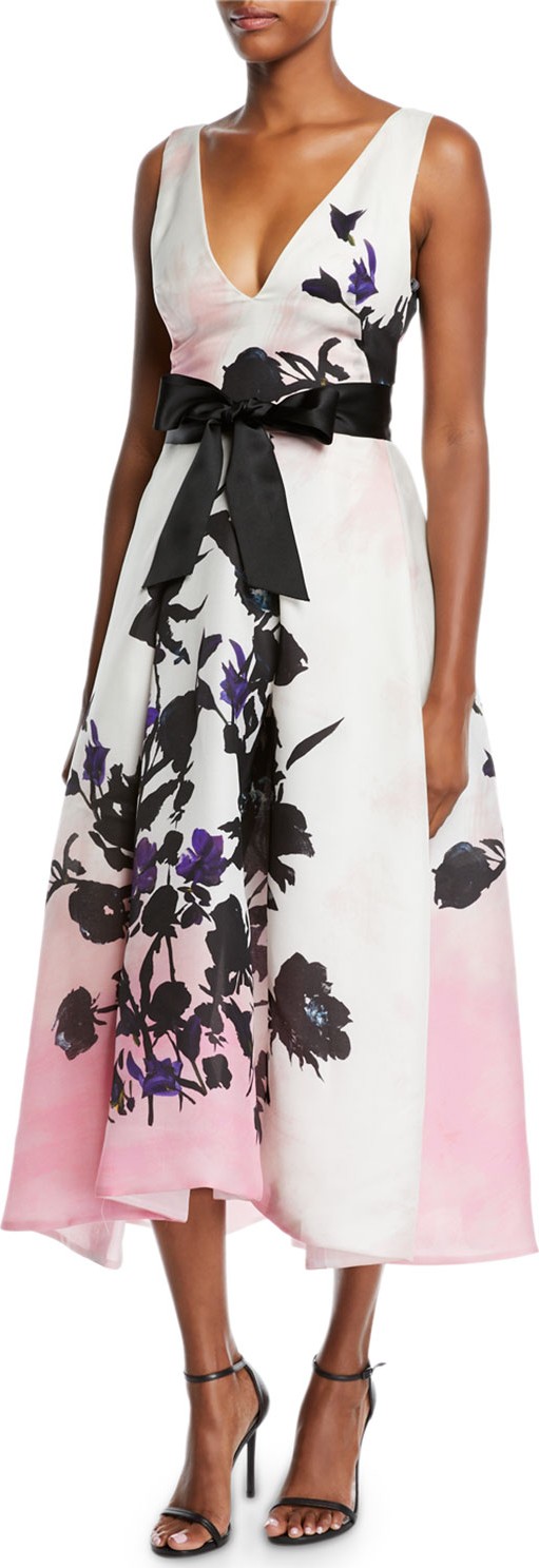 Monique Lhuillier V-Neck Sleeveless Ribbon-Belt Floral-Print Daytime Dress