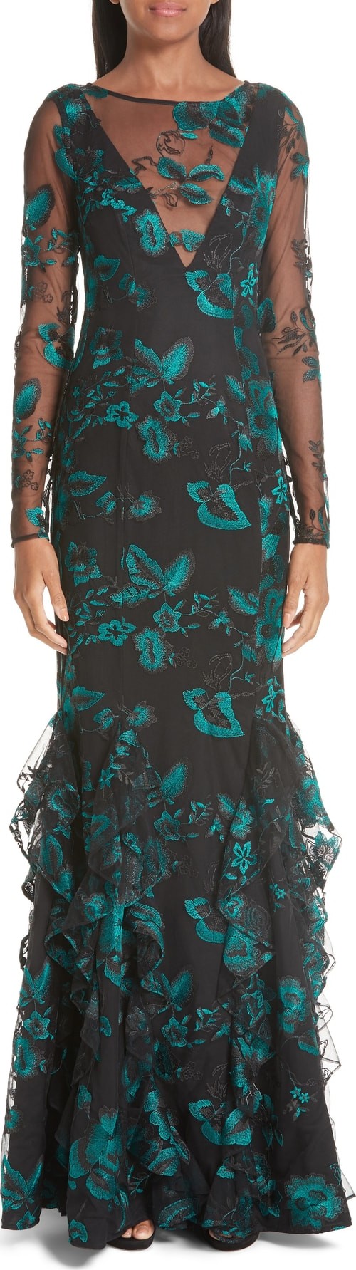 ZAC Zac Posen Lindsay Print Ruffle Mesh Evening Dress
