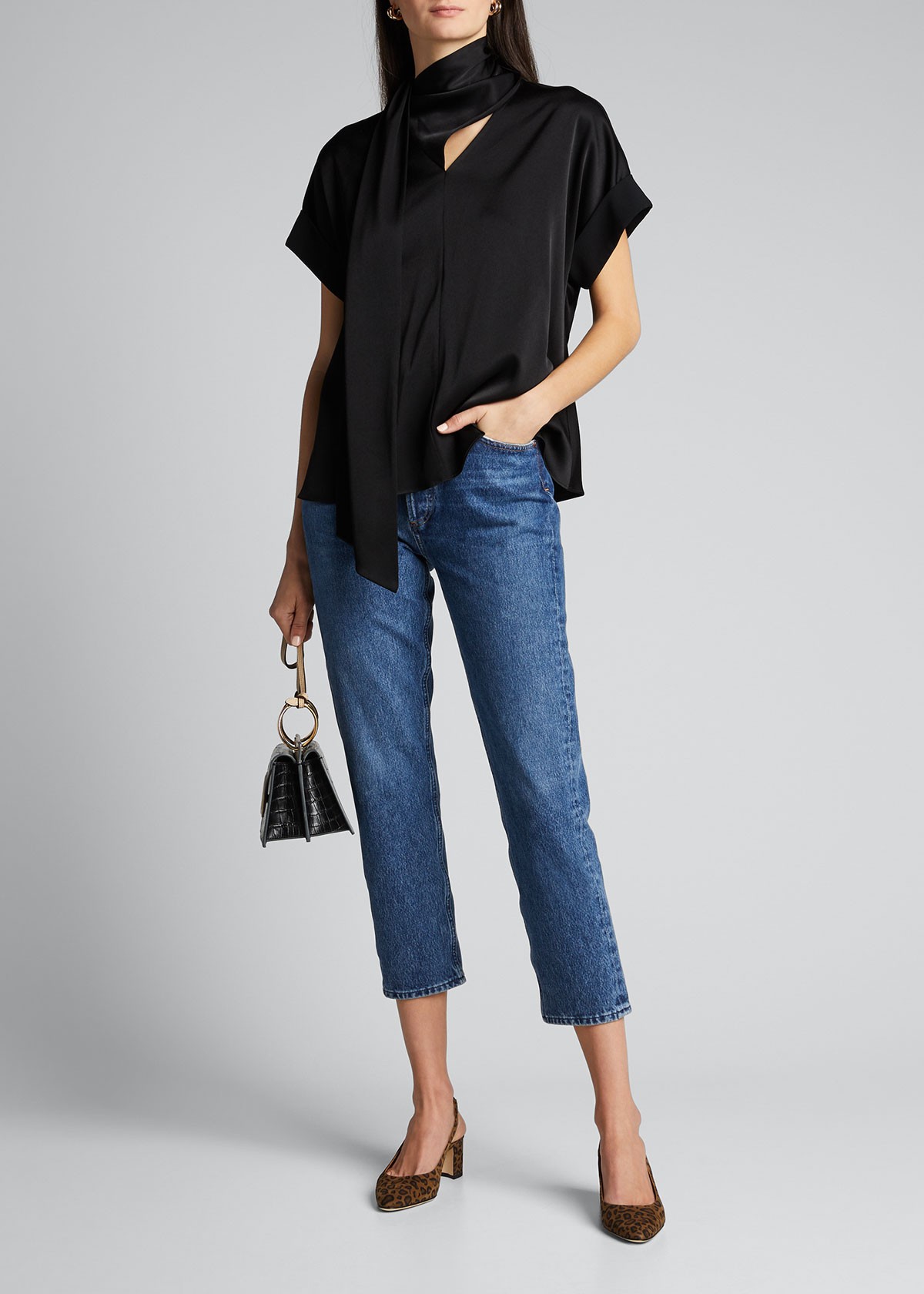 Jason Wu Rolled Sleeve Neck-Tie Satin Top