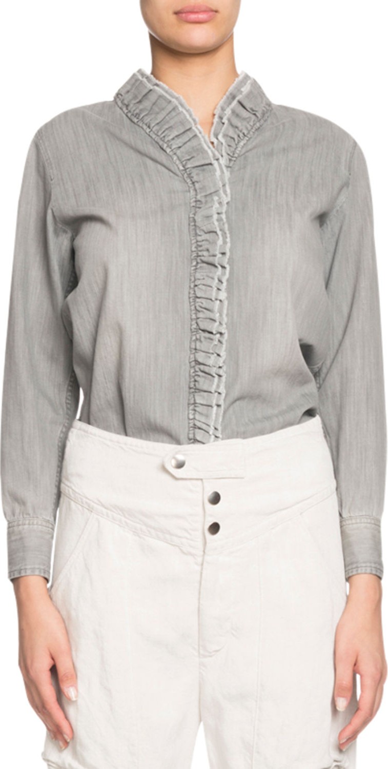 Isabel Marant Etoile Nawendy Denim Long-Sleeve Ruffle Top