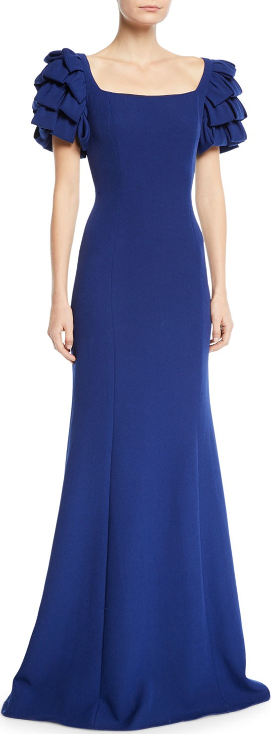 Badgley Mischka Square-Neck Gown w/ Looped Sleeves