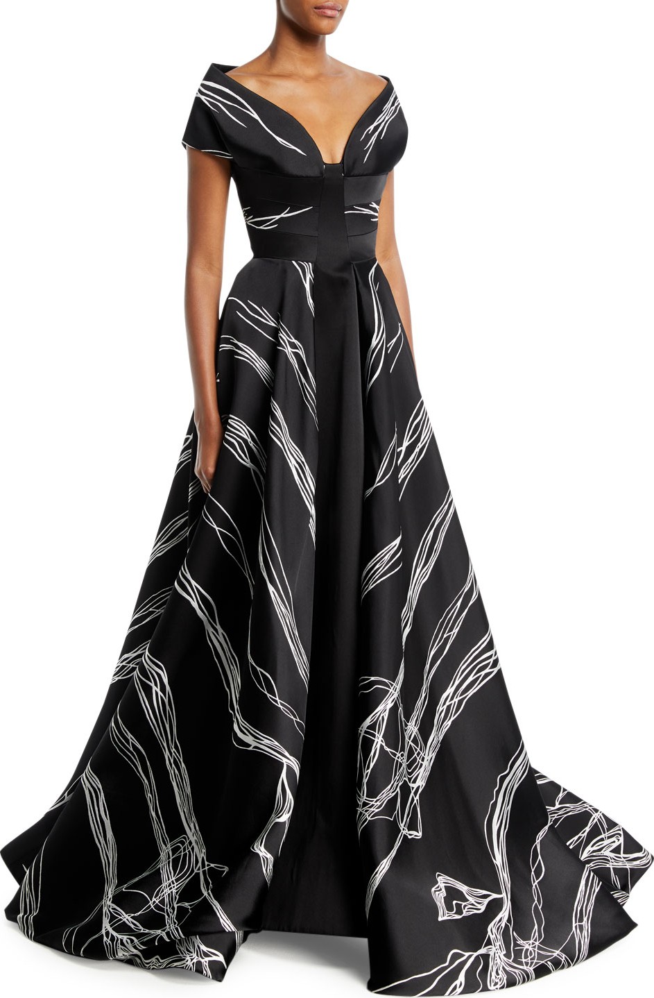 Rubin Singer Bateau-Neck Scribble-Print High-Low Tulip Evening Gown