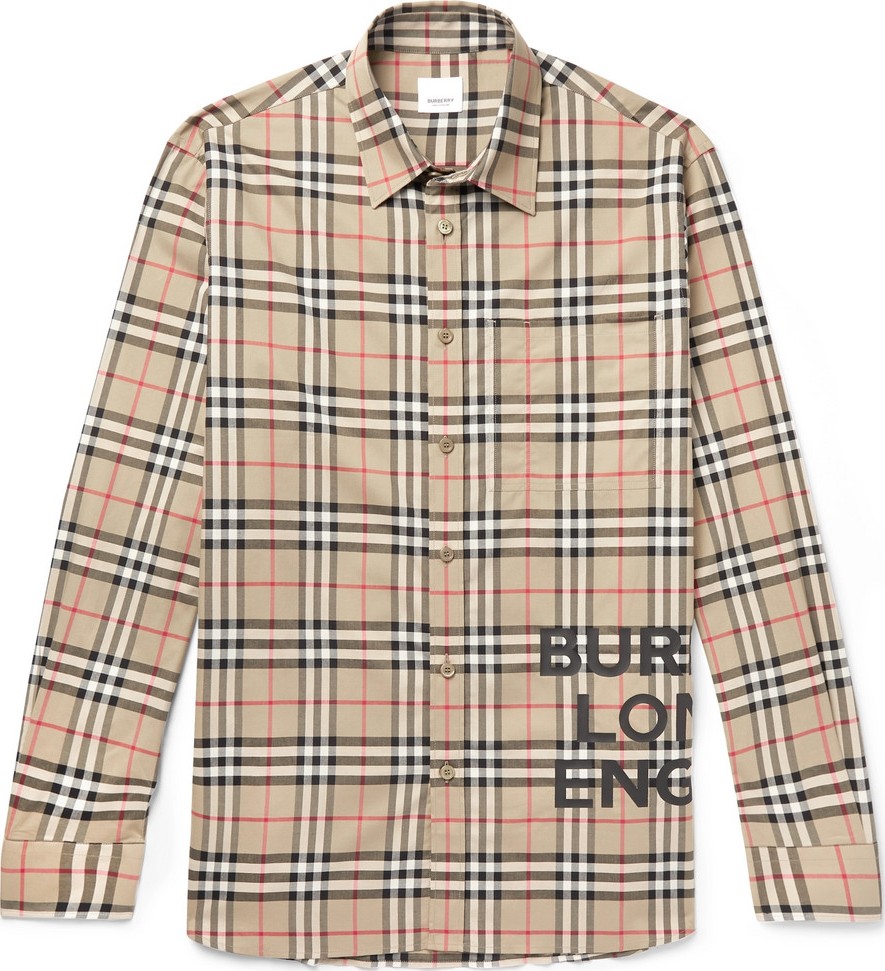 Burberry London England Logo-Print Checked Cotton-Poplin Shirt
