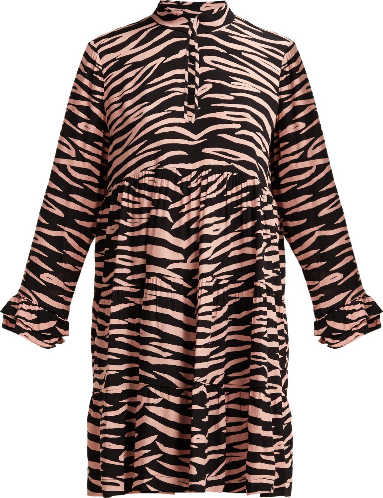 Ganni Lindale zebra-print tiered satin dress