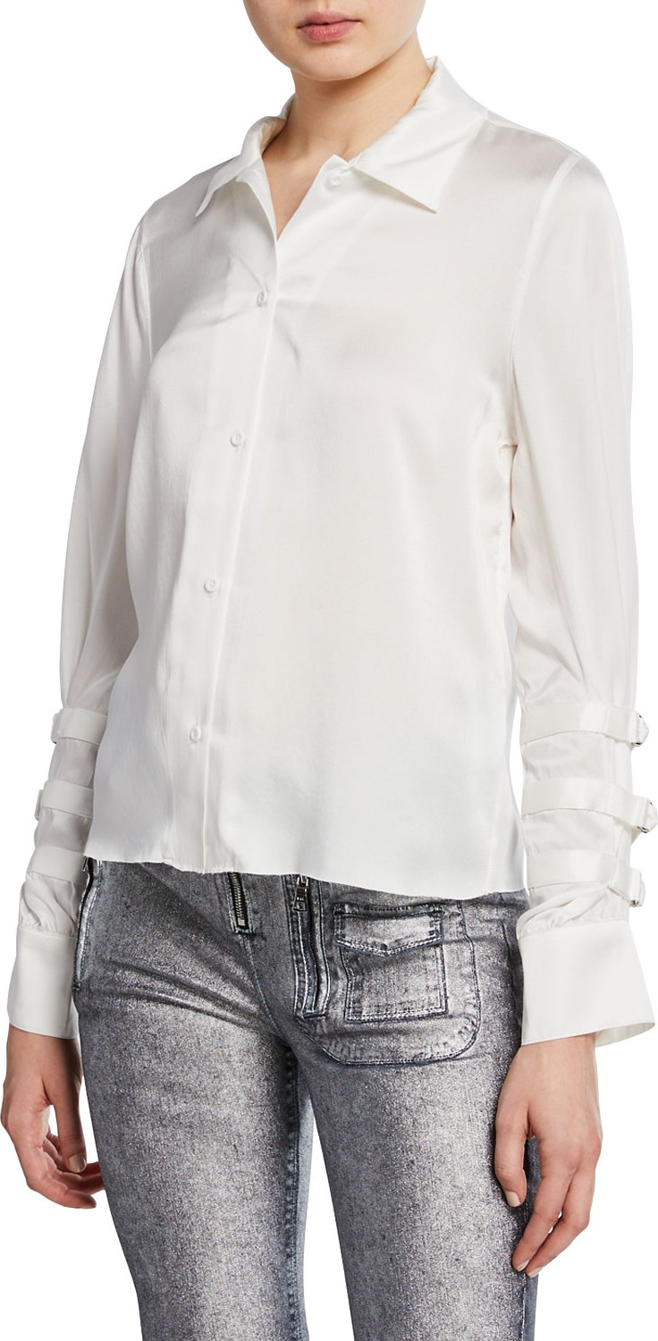 RtA Rafaella Silk Button-Front Top w/ Belted Sleeves