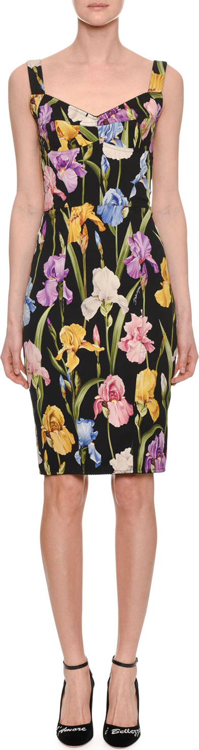 Dolce & Gabbana Sweetheart-Neck Sleeveless Iris-Print Sheath Cocktail Dress