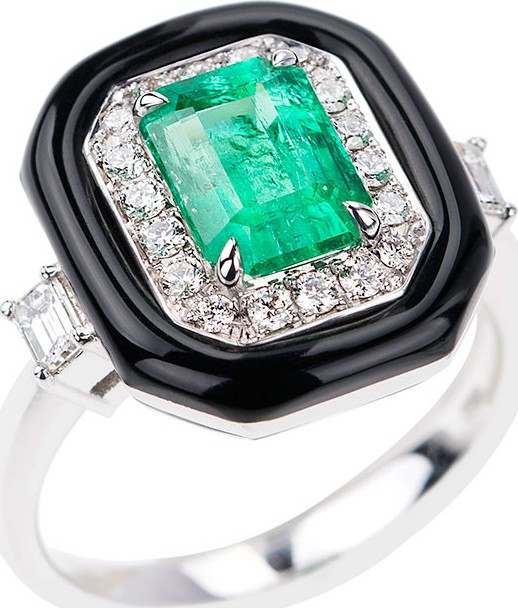 Nikos Koulis 18k White Gold Oui Emerald  Diamond & Enamel Ring Nikos Koulis 18k White Gold Oui Emerald  Diamond & Enamel Ring