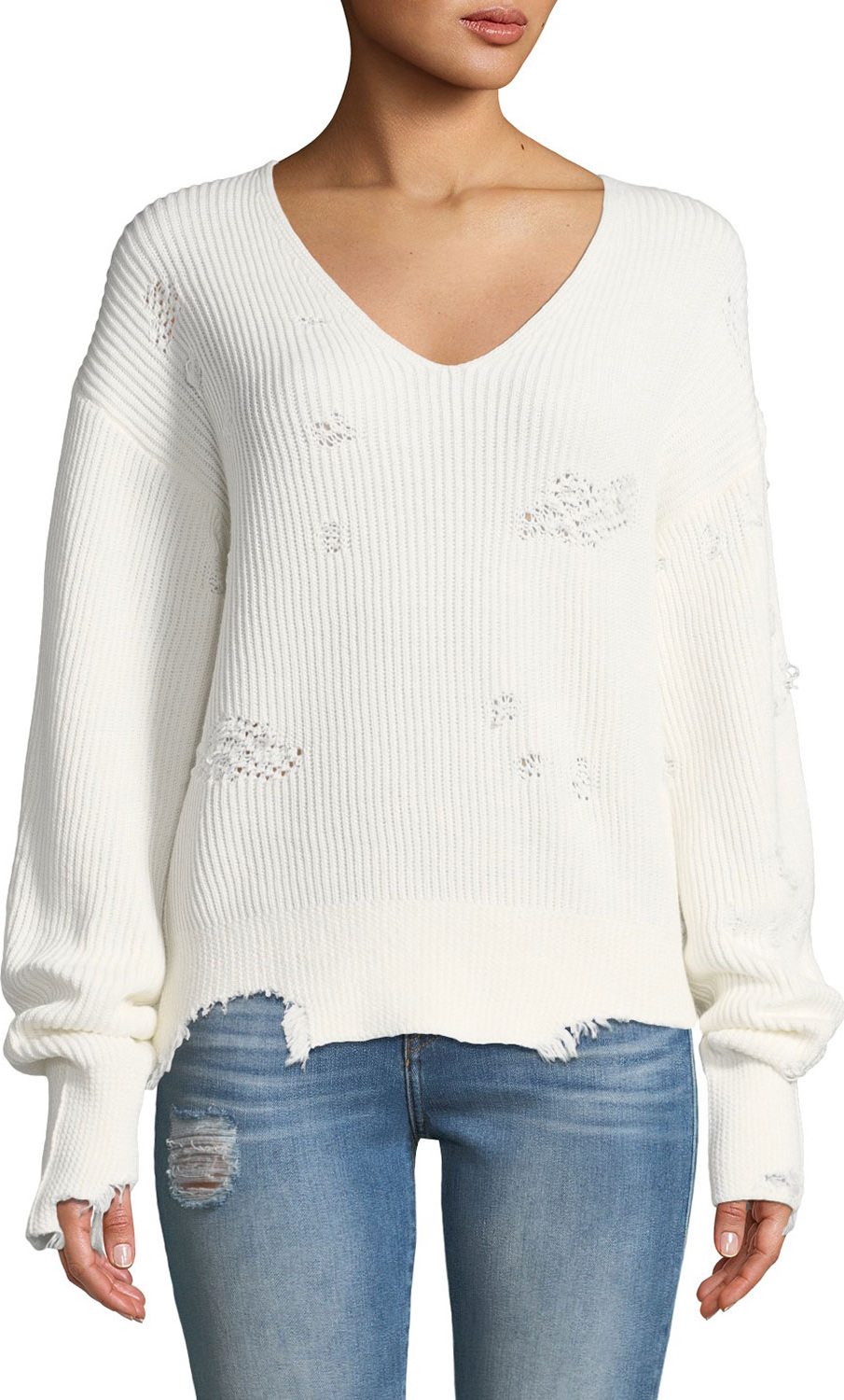 Helmut Lang Distressed Long-Sleeve V-Neck Sweater
