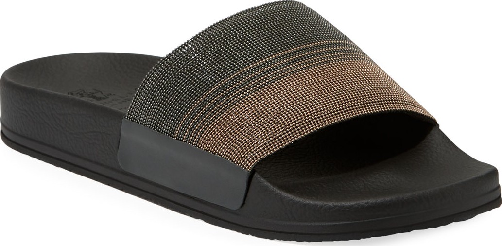 Brunello Cucinelli Monili Beaded Two-Tone Slide Sandals