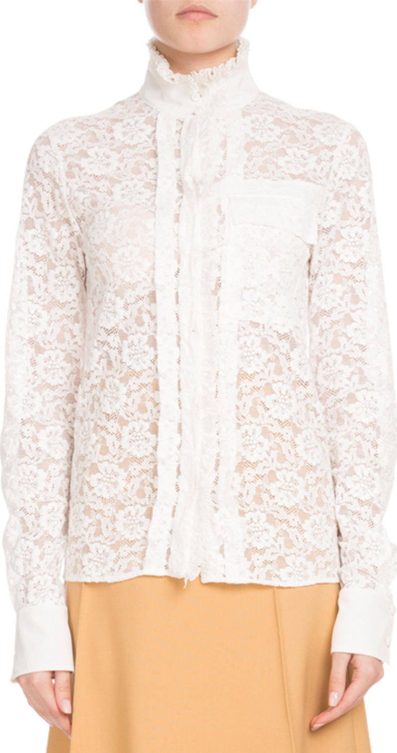 Chloe Long-Sleeve Mock-Neck Button-Front Floral-Lace Blouse