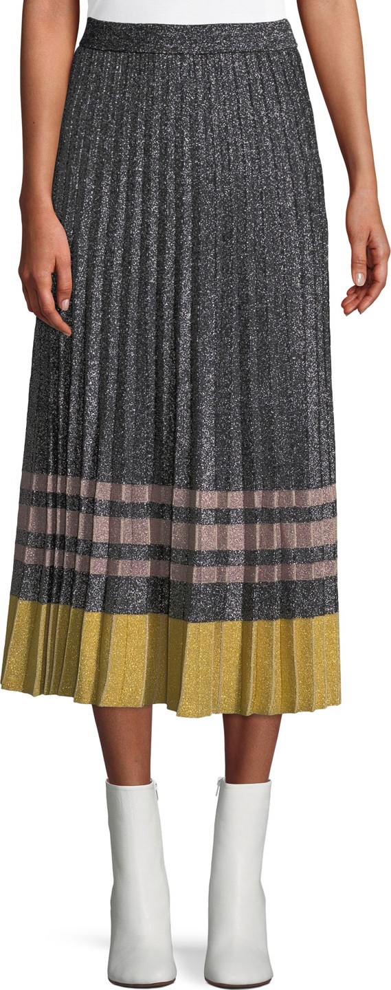 Derek Lam 10 Crosby Pleated Metallic Knit Midi Skirt