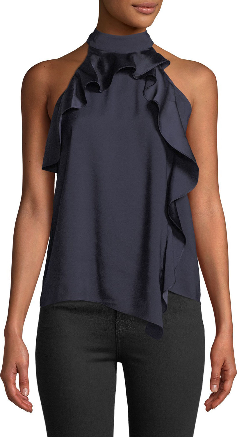 Parker Blake High-Neck Draped Combo Ruffle Halter Top