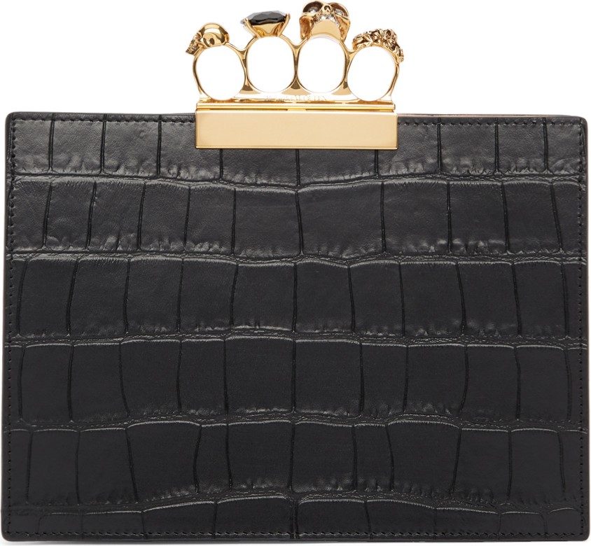 Alexander McQueen Black Croc Small Four Ring Clutch
