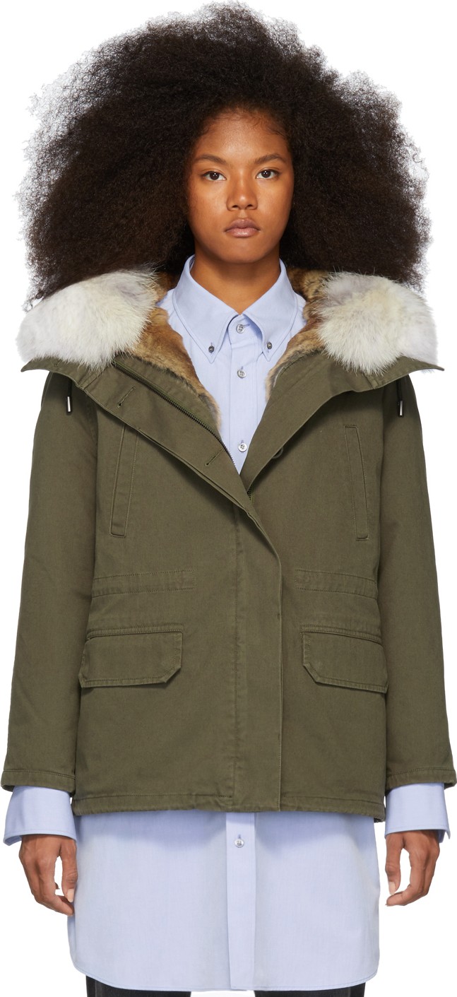 Army By Yves Salomon Green Down & Fur Cotton Short Parka