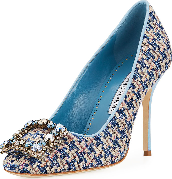 Manolo Blahnik Vazza 105mm Tweed Pumps with Jeweled Buckle Embellishment