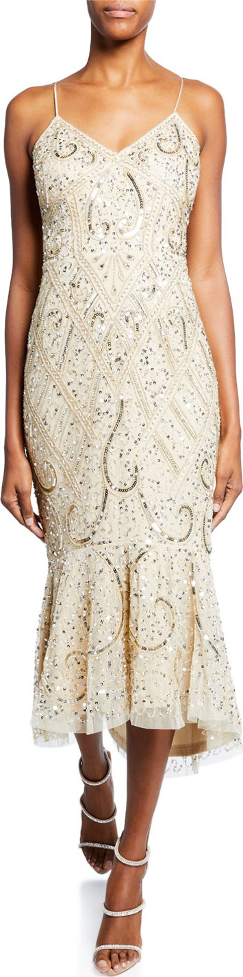 Aidan Mattox Beaded V-Neck Spaghetti-Strap Midi Dress with Flounce Hem