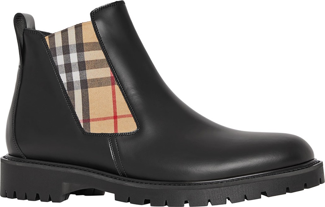 Burberry London England Men's Leather Chelsea Boots with Archival Vintage Check Side Panels