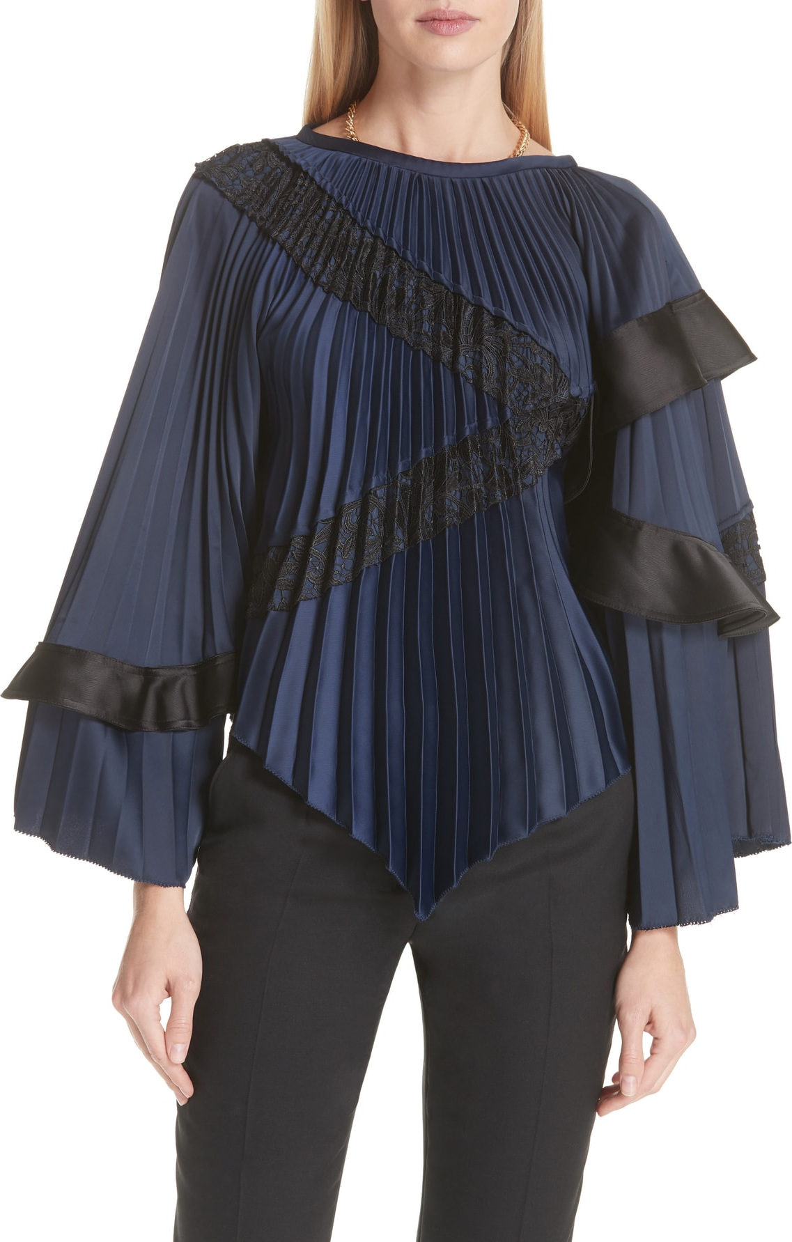 Self Portrait Lace Trim Pleated Satin Blouse