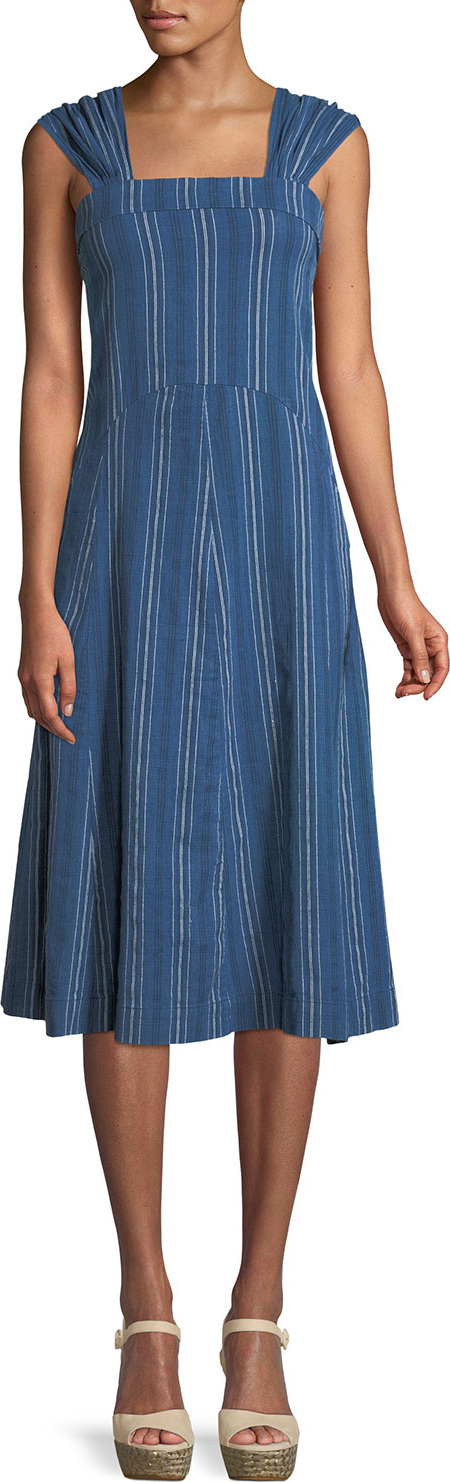 THE GREAT. Sundown Sleeveless Textured-Stripe Yea-Length Denim Dress