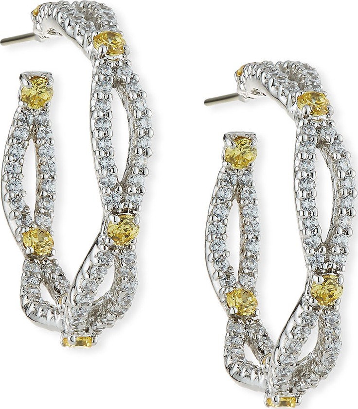 Fantasia by DeSerio Open Weave Yellow & White CZ Hoop Earrings