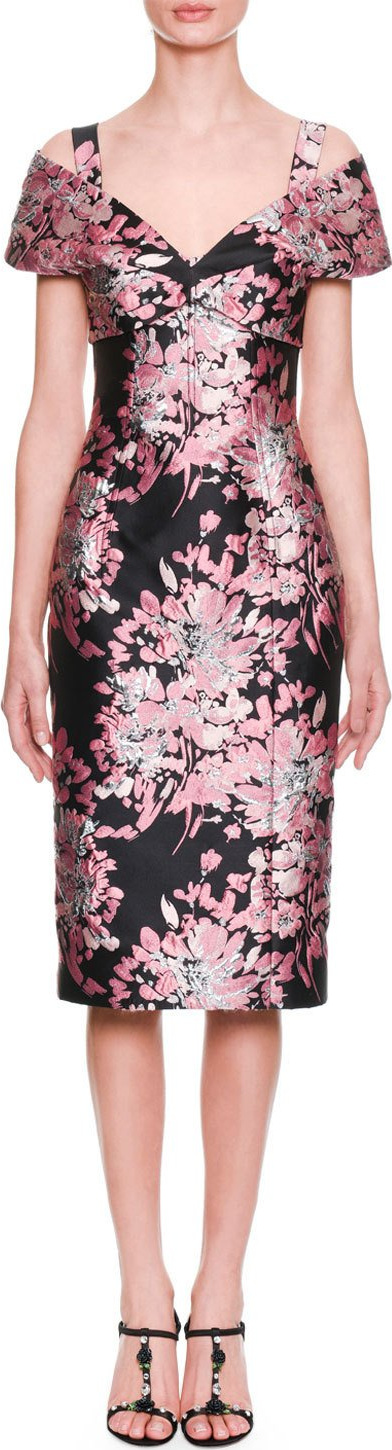 Dolce & Gabbana Cap-Sleeve Rose-Jacquard Mid-Calf Cocktail Dress