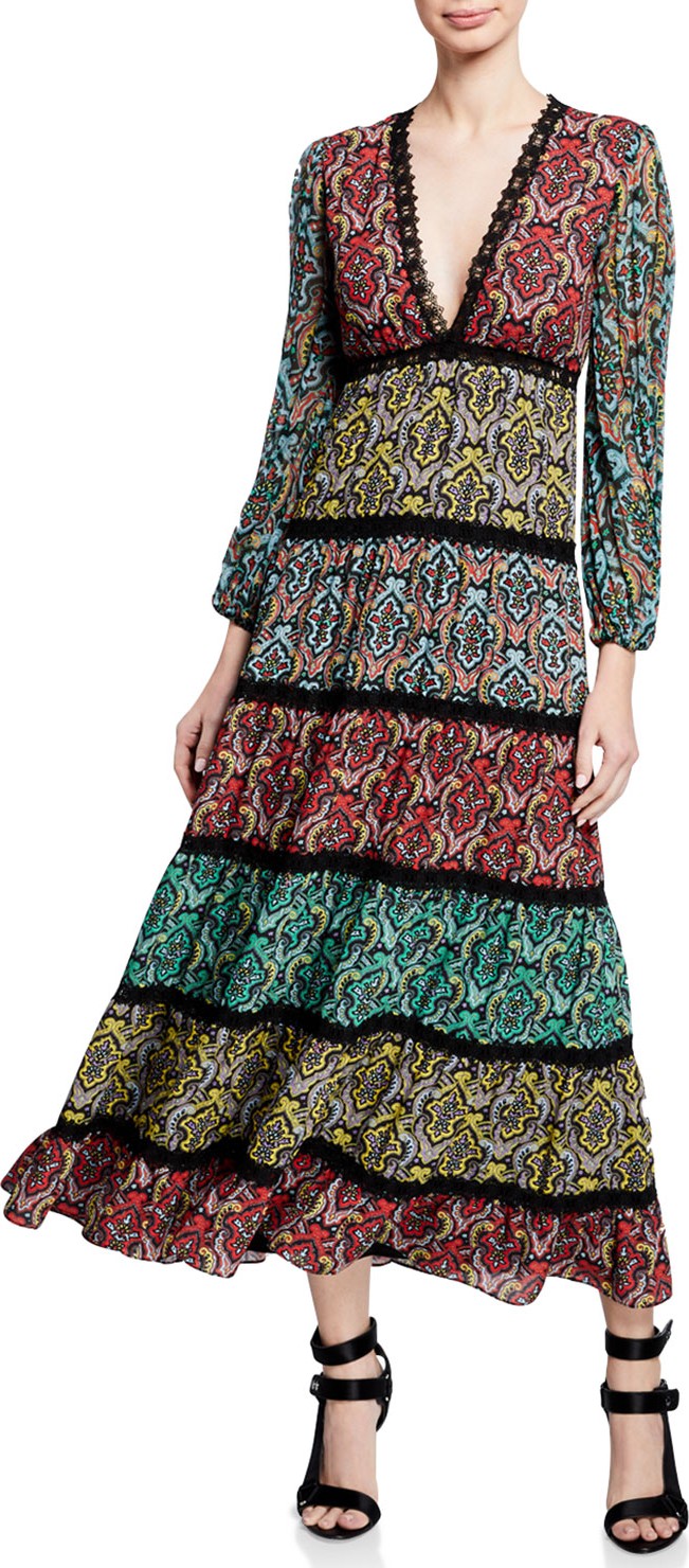 Alice + Olivia Karolina V-Neck Blouson-Sleeve Paneled Maxi Dress