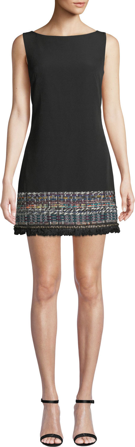 MILLY Carla Boat-Neck Sleeveless A-Line Crepe Dress w/ Tweed Hem