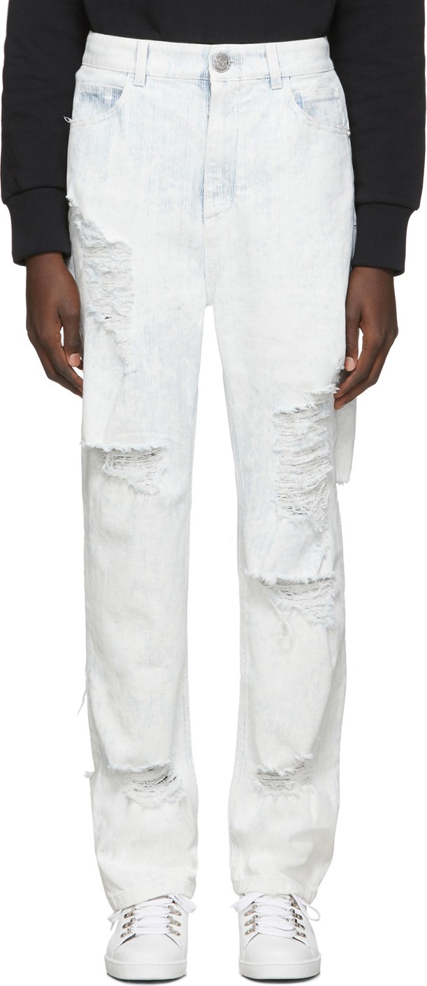 Balmain Blue & White Distressed Coated Jeans