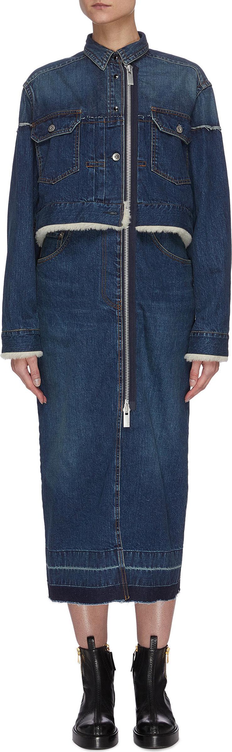Sacai Shearling trim panelled denim coat