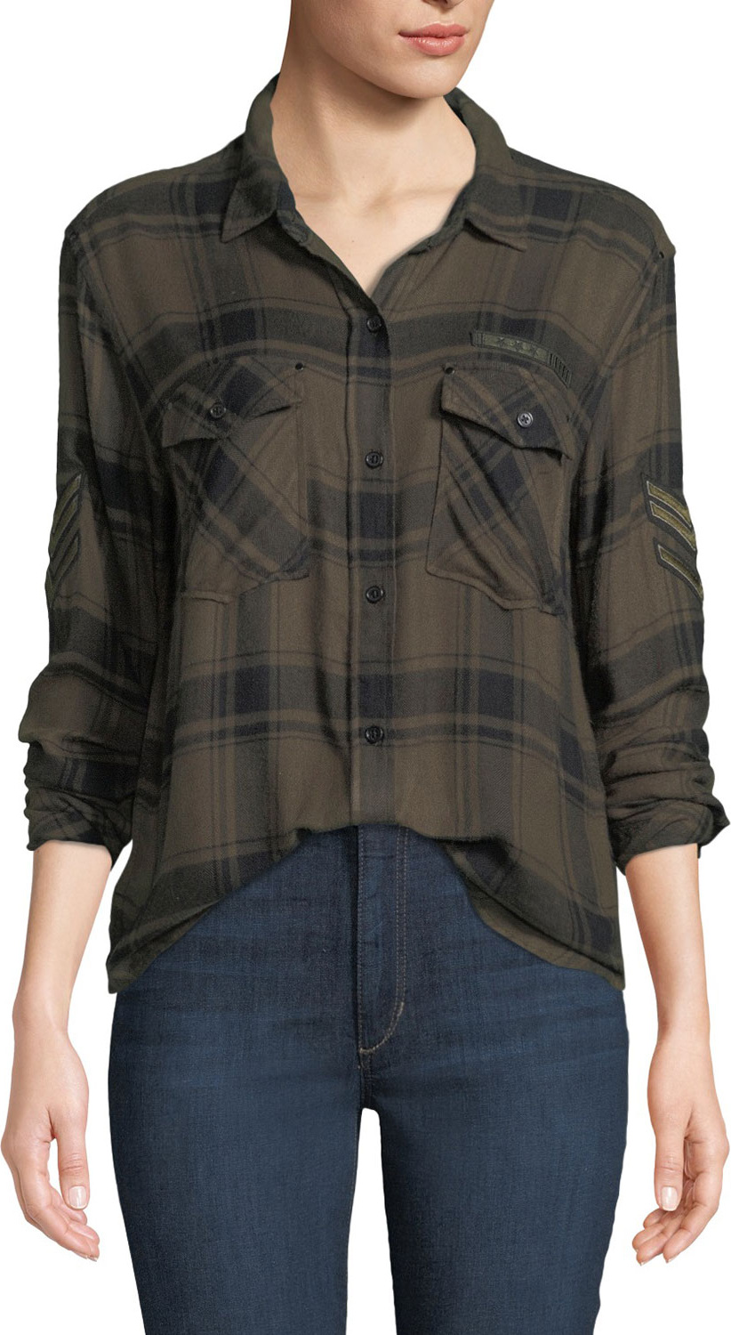 RAILS Pepper Army Insignia Button-Front Long-Sleeve Plaid Shirt