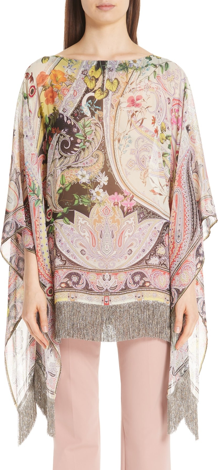 Etro Floral Print Fringe Silk Poncho