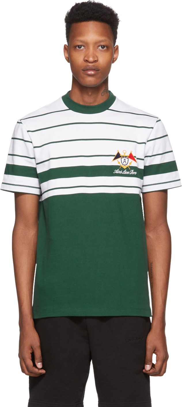 Aimé Leon Dore Green & White Embroidered Stripe T-Shirt