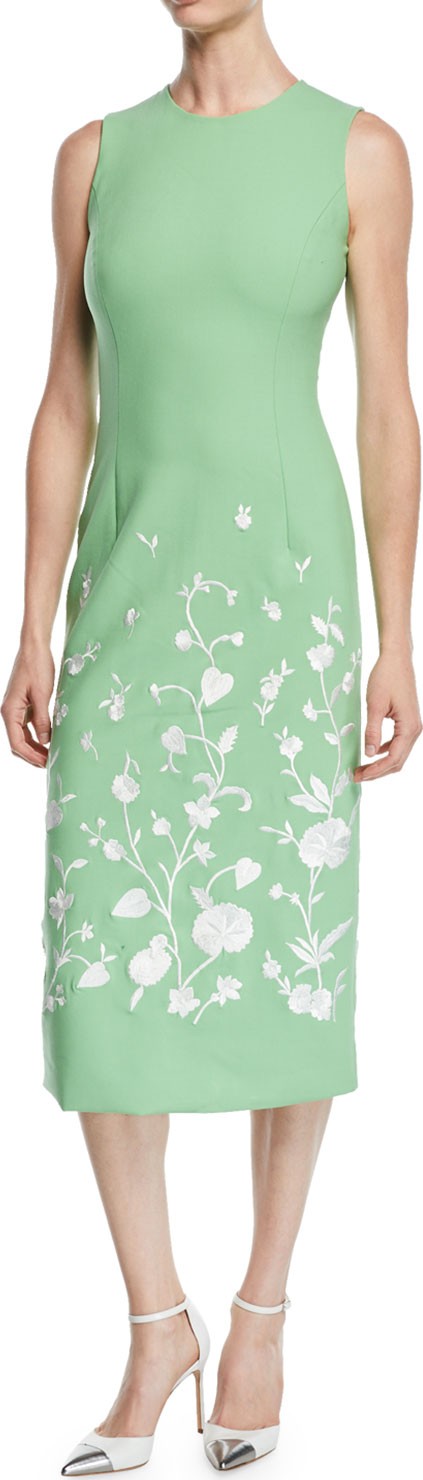 Oscar De La Renta Jewel-Neck Sleeveless Floral-Embroidered Sheath Midi Dress