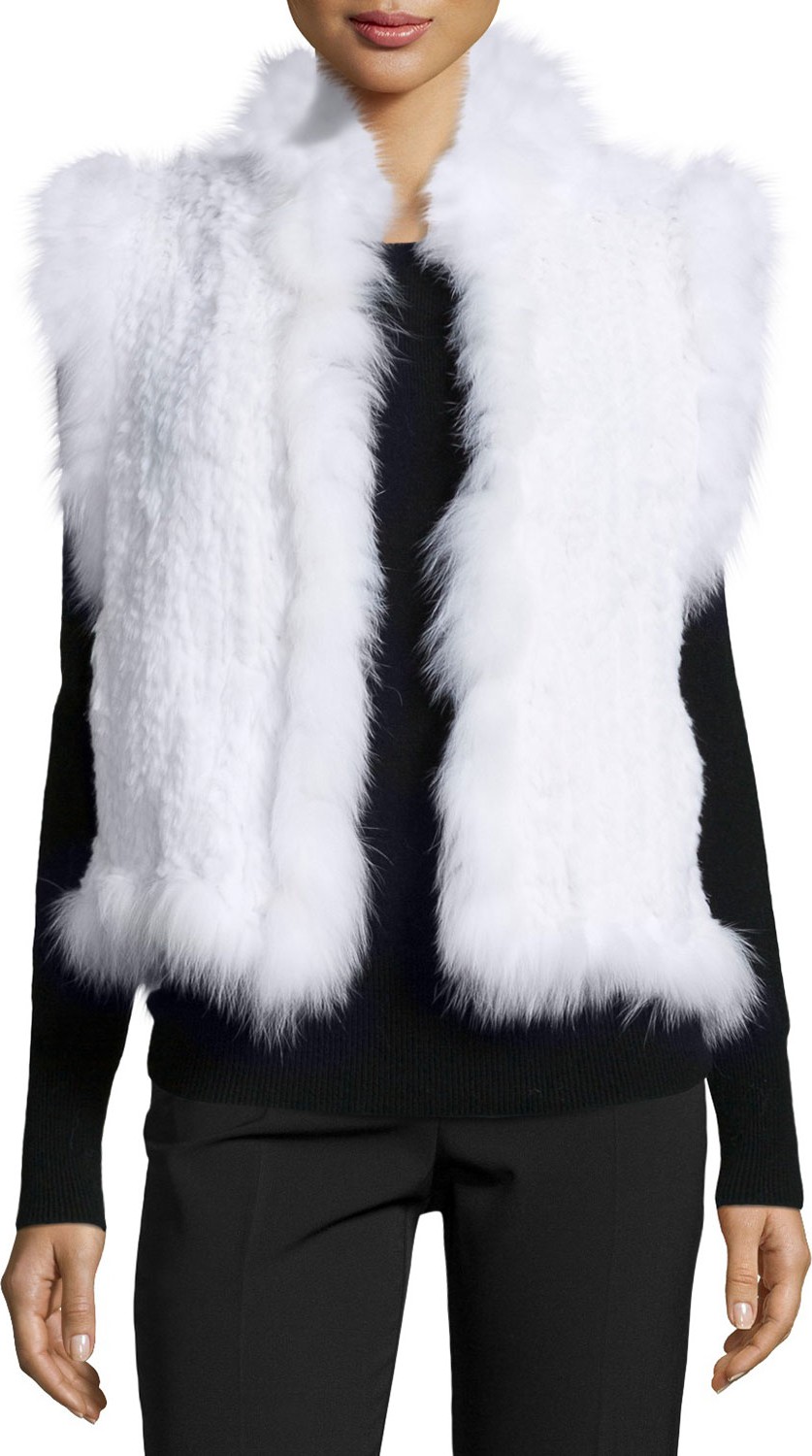 Belle Fare Knitted Rabbit Fur Vest w/Fox Fur Trim