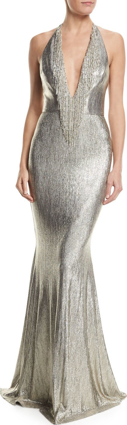 Badgley Mischka Plunging Halter Fringed Metallic Mermaid Evening Gown