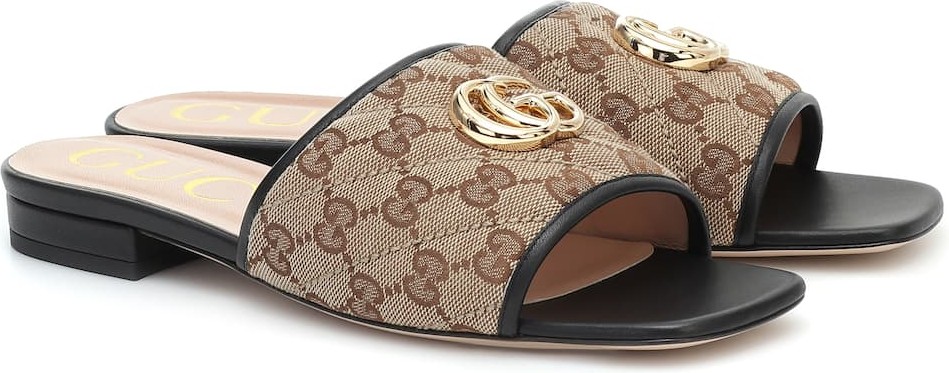 Gucci GG leather-trimmed canvas slides