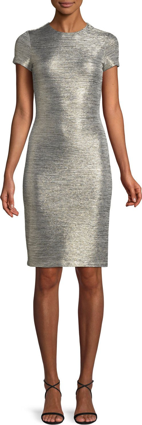 Alice + Olivia Delora Fitted Metallic Short-Sleeve Cocktail Dress