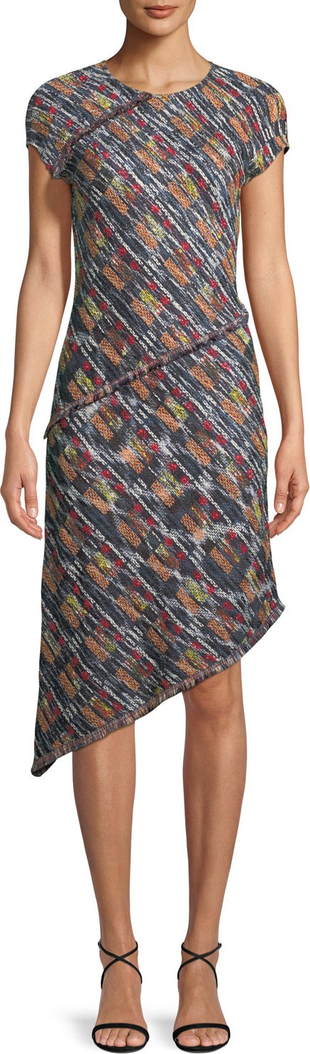 St. John Painterly Multi-Tweed Knit Asymmetric Fringe Dress