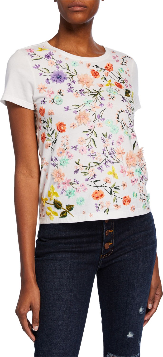 Alice + Olivia Rylyn Floral Embellished Short-Sleeve Crewneck Top