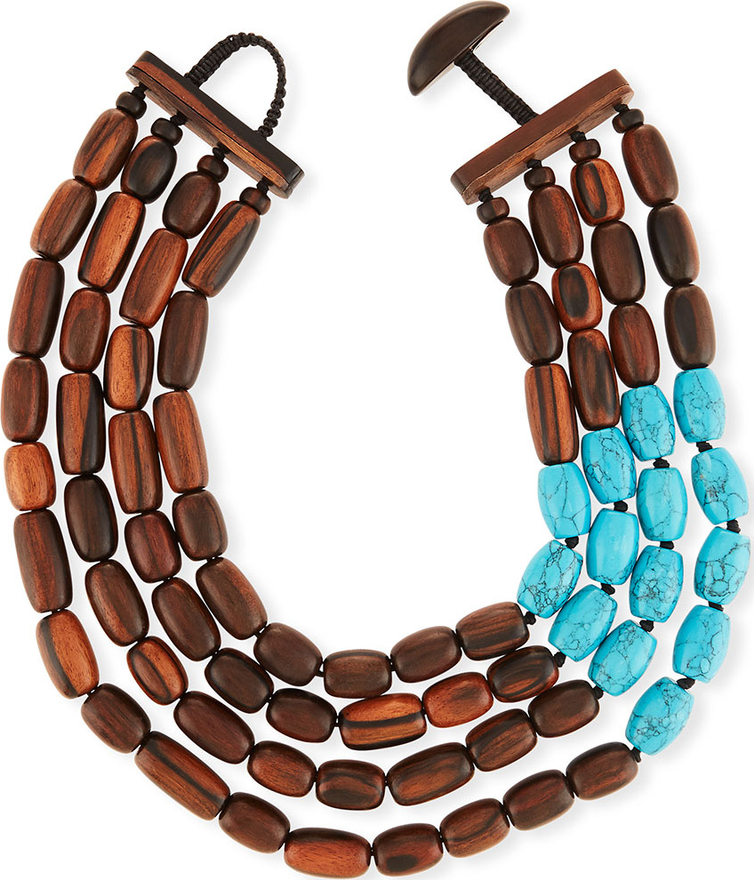 Viktoria Hayman Four-Strand Statement Necklace w/ Wood & Turquoise