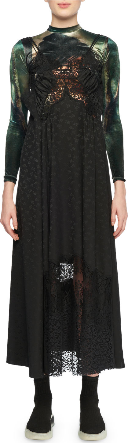 Stella McCartney JH Lynch Tina Long-Sleeve Velvet Top Attached Floral-Print & Lace Silk Cami Dress