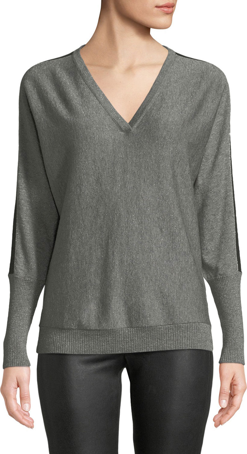 Lafayette 148 New York V-Neck Striped Dolman-Sleeve Metallic Cashmere Sweater