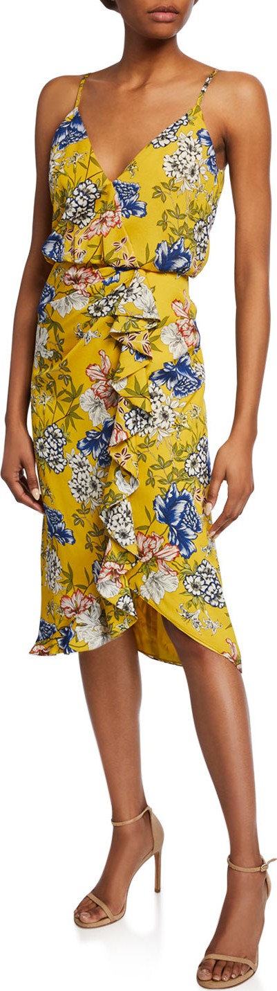 Aidan by Aidan Mattox Floral-Printed V-Neck Spaghetti-Strap Ruffle Dress
