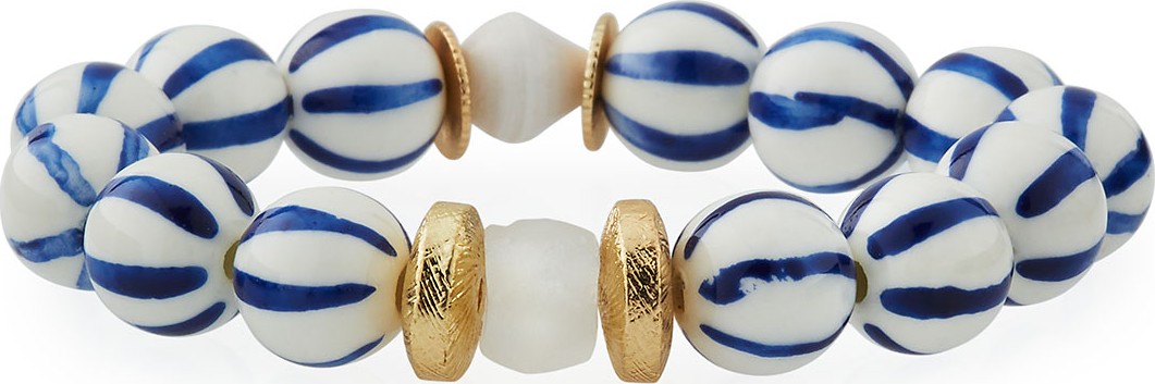 Akola Striped Bead Stretch Bracelet, Blue/White