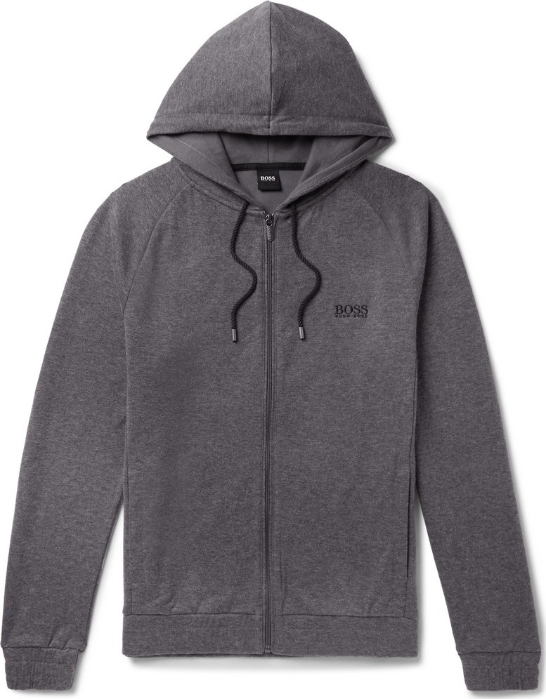 HUGO BOSS Logo-Embroidered Mélange Cotton-Blend Jersey Zip-Up Hoodie
